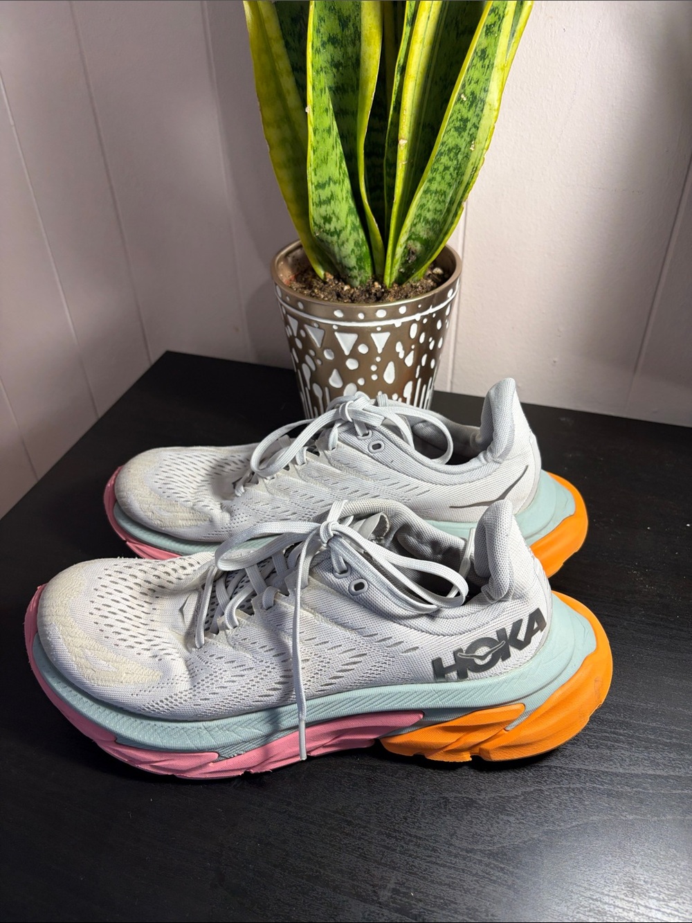 Hoka Women's Light Gray Running Shoes with Pink & Orange Accents